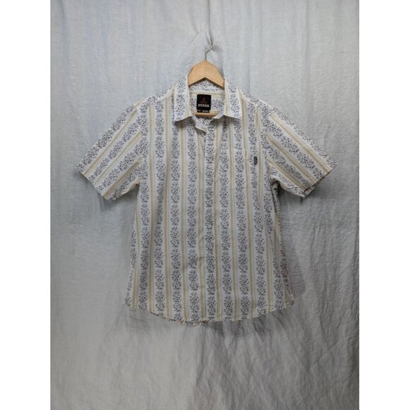 Prana men's small short sleeve brown floral on white button up shirt K9 - Picture 1 of 9